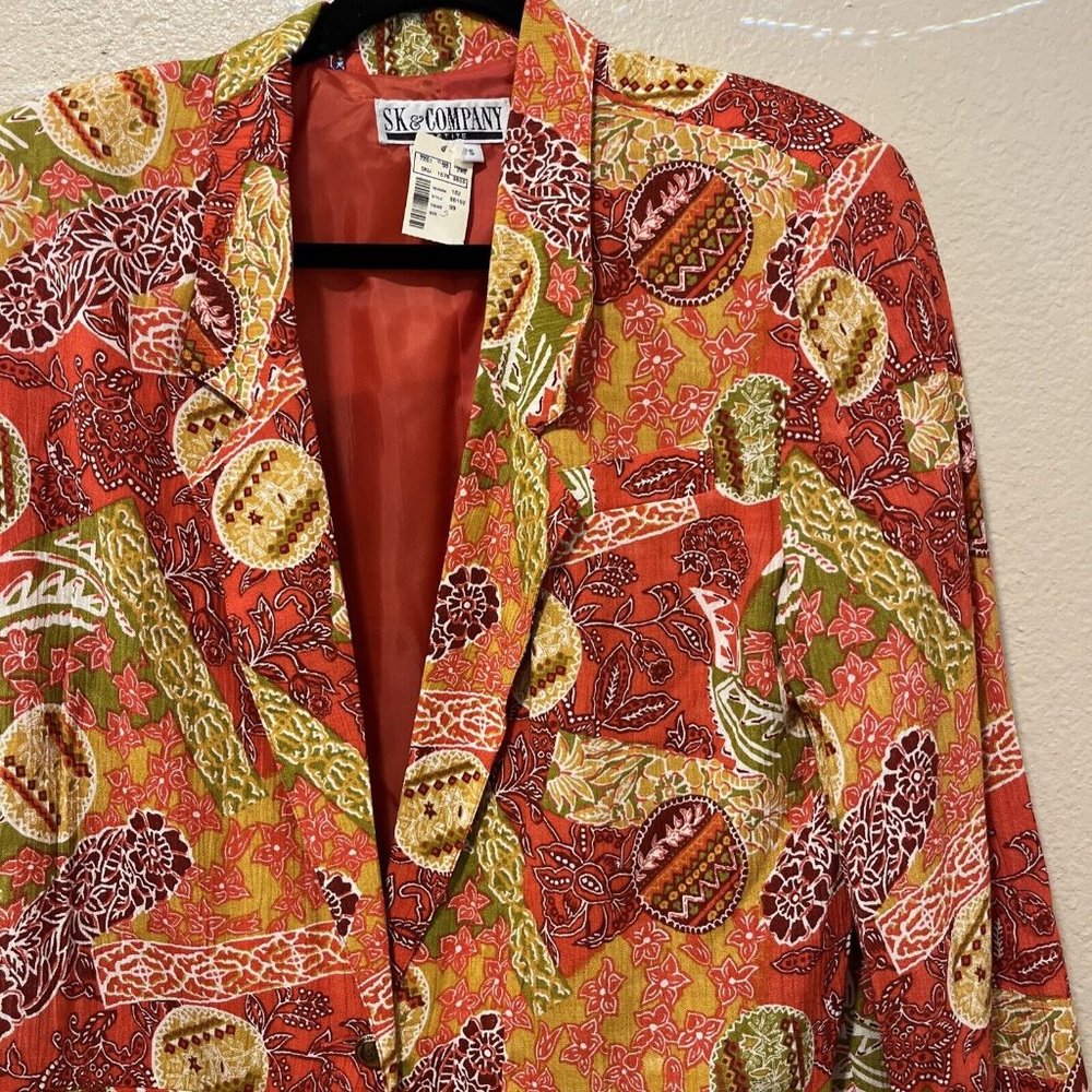 Vintage Women's Small Orange Blazer Floral Polynesian Tropical Shoulder Pads NWT